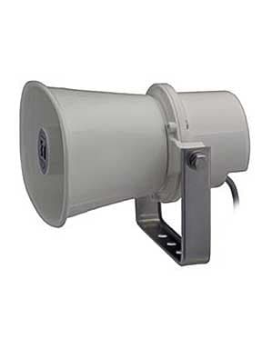 White TOA SC-610M loudspeaker with a conical horn design, metal mounting bracket, and a wired connection, designed for clear audio output at 10 watts.