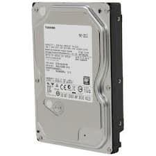 Toshiba 1TB internal hard drive with a silver metal casing, 3.5 inches in size, featuring a SATA interface, 7200 RPM speed, and a 32MB cache.