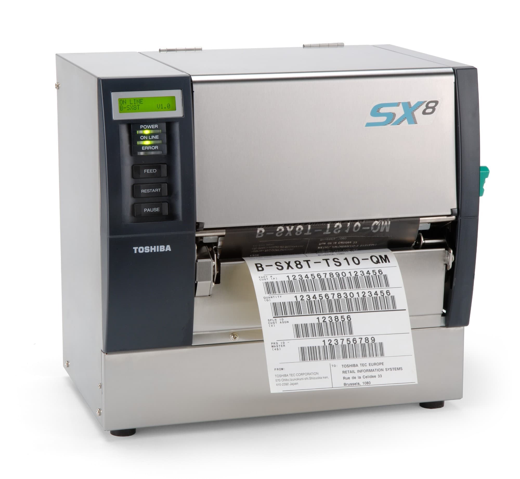 Toshiba B-SX8T industrial label printer in silver and black with a control panel, featuring a green power button, and a printed label emerging from the front.