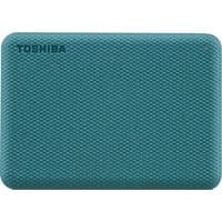 Green Toshiba Canvio Advance 1TB external hard drive with textured surface and compact rectangular design.