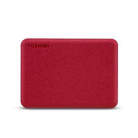 Toshiba Canvio Advance 1 TB external hard drive in vibrant red, featuring a textured surface and sleek, compact design with the Toshiba logo on the front.