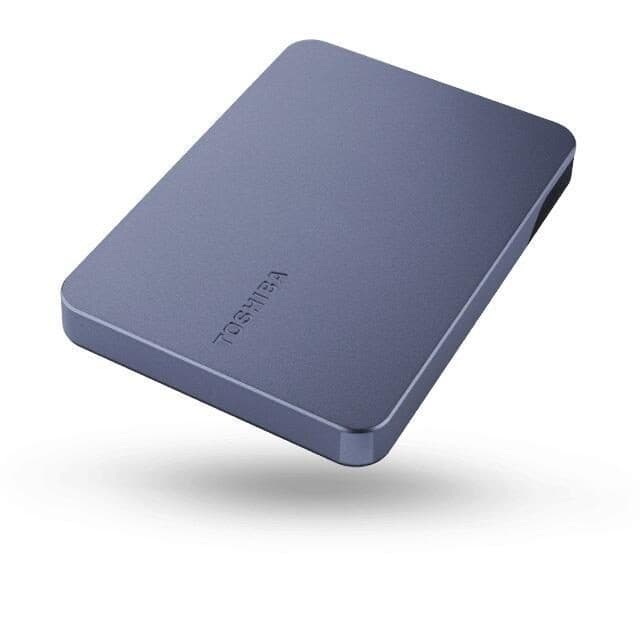 Toshiba HDTX220EK3AA external hard drive in sleek dark blue, 2 TB capacity, 2.5 inches in size, featuring a smooth metal finish and USB Type-A 3.2 connectivity.