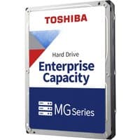 Toshiba MG08 16TB hard drive, silver casing, 3.5" size, labeled "Enterprise Capacity" with blue and red accents.