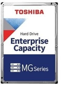 Toshiba 18TB Enterprise MG 3.5" SATA hard drive featuring a silver metal casing, red and blue logo, and bold text highlighting "Enterprise Capacity" and "MG Series."