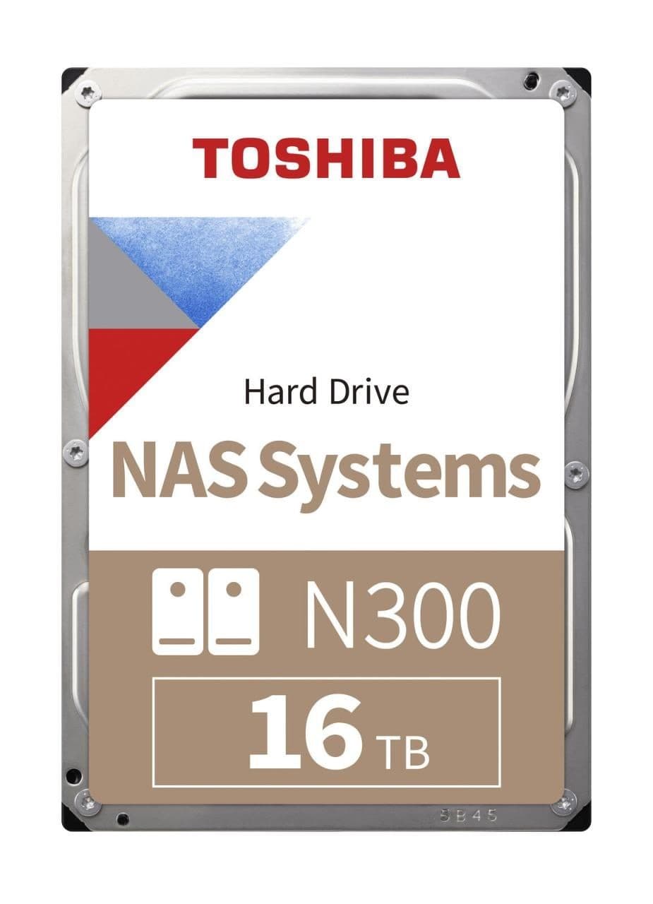 Toshiba N300 internal hard drive with a silver metal casing, featuring a white and blue label, labeled "Hard Drive NAS Systems" and "16 TB" in bold brown text.