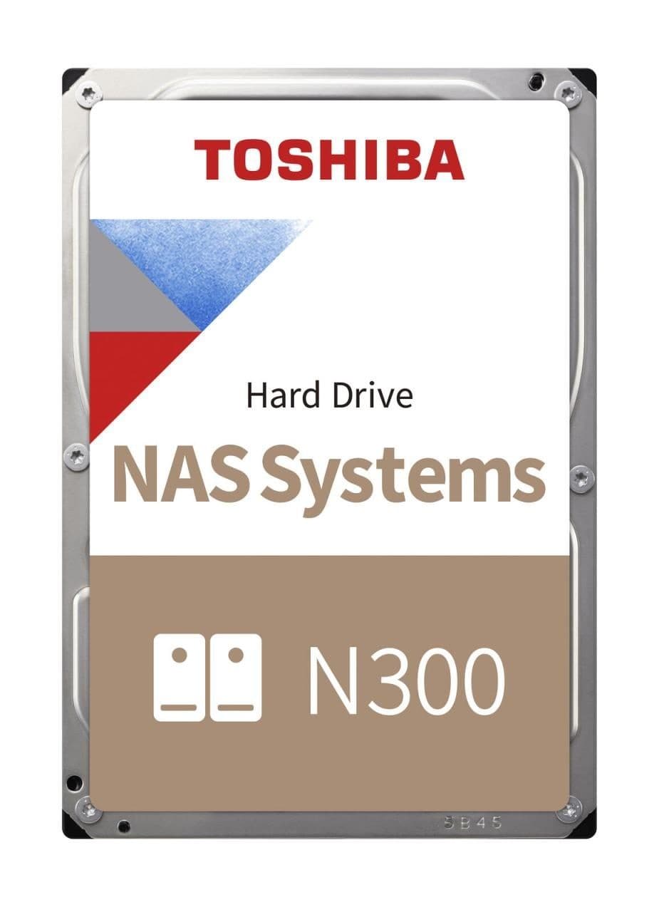 Toshiba N300 20 TB internal hard drive with a silver metal casing, featuring a prominent red and blue Toshiba logo and beige label indicating "NAS Systems" and model number.