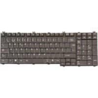 Black Toshiba P000658330 laptop keyboard with white lettering and function keys, designed for specific Toshiba models.