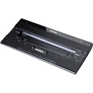 Black Toshiba PA3916E-1PRP notebook dock features a sleek design with a glossy finish, multiple ports for connectivity, and a secure slot for laptop docking.