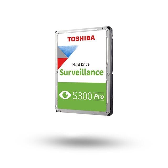 Toshiba S300 Pro 3.5" SATA hard drive, 4TB, featuring a silver metal casing, green and white label with blue and red accents, and a surveillance icon.
