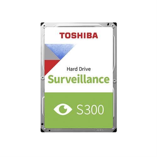 Toshiba S300 2TB surveillance hard drive with a silver metal casing, featuring a green and white label with "Surveillance" and "S300" in bold text.