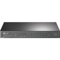 Black TP-Link 10-Port Gigabit Desktop Switch with 8-Port PoE+, sleek design, LED indicators, and metal casing.