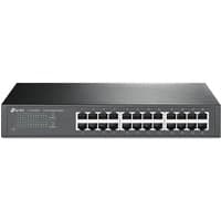 Black TP-Link 24-Port Gigabit network switch with LED indicators and metal casing for desktop or rackmount use.