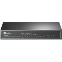 Black TP-Link 8-port desktop PoE switch with LED indicators and four PoE ports on the front panel.