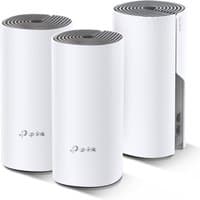 White cylindrical TP-Link AC1200 mesh Wi-Fi system, 3-pack with vented tops and logo on front.