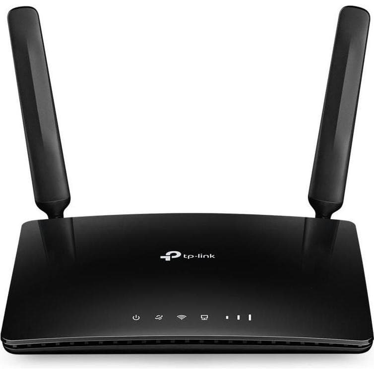 Black TP-Link AC1350 Wi-Fi dual-band router with two adjustable antennas, LED indicator lights, and a sleek, glossy finish.