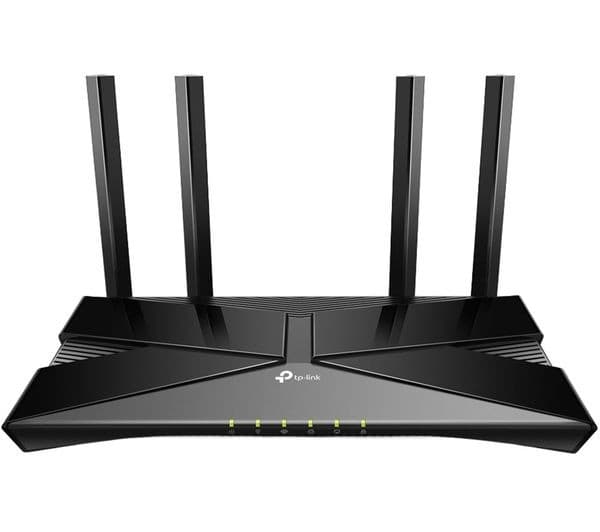Black TP-Link AX3000 Dual Band WiFi 6 Wireless Router with four antennas, featuring a sleek design and LED indicator lights on the front.