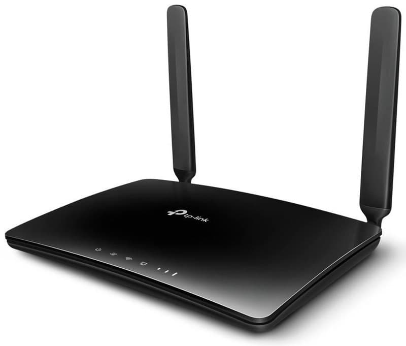 Black TP-Link Archer MR400 wireless router with dual antennas, sleek design, LED indicator lights, and fast Ethernet capabilities for dual-band connectivity.