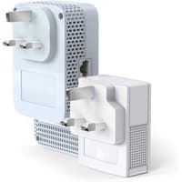 White TP-Link AV1000 Gigabit Powerline kit with dual plug adapters and vented sides.