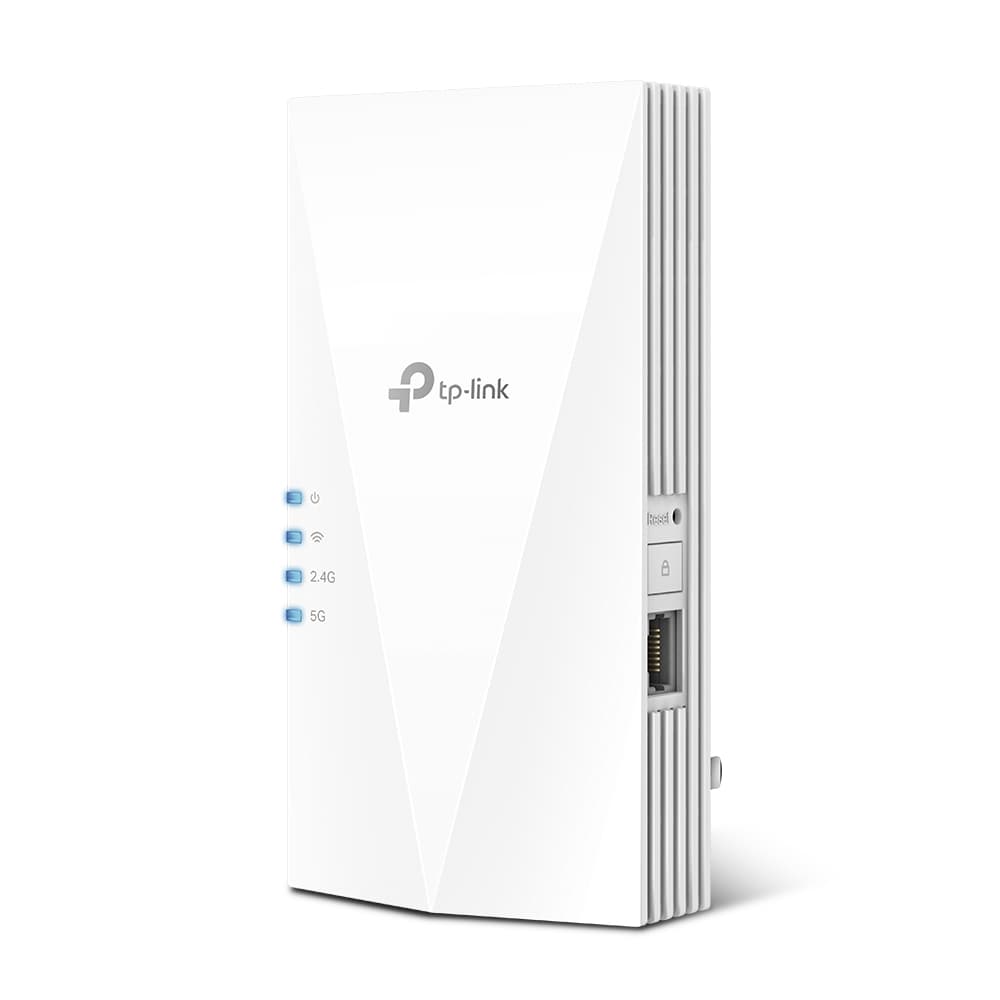 White TP-Link AX3000 Mesh WiFi 6 Extender with a sleek triangular design, featuring LED indicators for 2.4G and 5G connections, and an Ethernet port on the side.