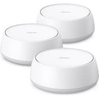 White TP-Link DECO BE22 Wi-Fi 7 router, round design, smooth finish, dual-band 2.4/5 GHz, set of three units.