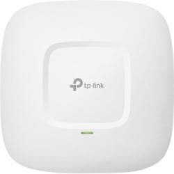 White TP-Link EAP245 wireless access point with a square design, featuring a central logo, a green LED indicator, and Power over Ethernet capability, supporting speeds up to 1300 Mbit/s.