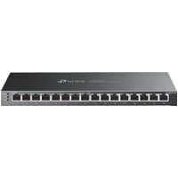 Black TP-Link JetStream 16-Port Gigabit Smart Switch with 8-Port PoE+, sleek design, LED indicators, Ethernet ports.