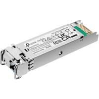 Silver TP-Link Omada SFP module with black text, green circuit board, and metallic connectors.