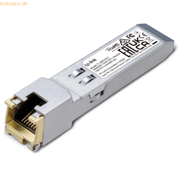 Silver metal SFP module with an RJ45 connector, featuring dual ports and labeled with TP-Link branding and specifications on the side.