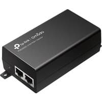 Black TP-Link Omada 2.5G PoE+ Injector Adapter with two Ethernet ports and TP-Link logo on top.