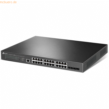 Black metal network switch with 24 2.5GBASE-T ports and 4 10GE SFP+ ports, featuring a sleek design and ventilation grilles on the sides for efficient cooling.
