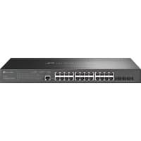 TP-Link Omada 24-Port Gigabit switch, black, with 4 SFP+ ports and LED indicators on front panel.
