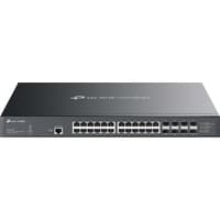 Black TP-Link Omada 32-Port 10GE L2+ Managed Switch with 24 PoE++ ports and sleek, rectangular design.