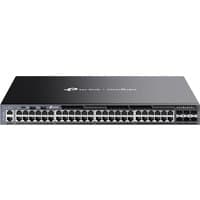 Black TP-Link Omada 48-port gigabit switch with six 10G SFP+ ports and stackable L3 managed design.