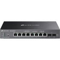 Black TP-Link Omada smart switch with 8 Ethernet ports and 2 SFP+ ports, compact rectangular design.