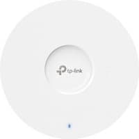 White circular TP-Link Omada AX6000 ceiling mount WiFi 6 access point with central logo and small LED indicator.