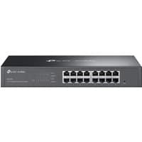 TP-Link Omada ES216G network switch, black, 16 Gigabit Ethernet ports, LED indicators, compact rectangular design