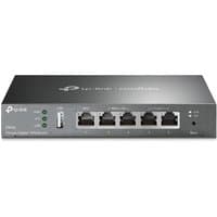 Black TP-Link Omada Gigabit VPN Router with five Ethernet ports and LED indicators on front panel.