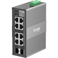 TP-Link Omada IES208G network switch, gray, vertical design, eight Ethernet ports, green terminal block on top.