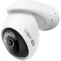 White TP-Link outdoor pan/tilt security camera with black lens, LED lights, and "tapo 4K" branding.