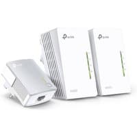 White TP-Link Powerline 600 Wi-Fi kit with three units, LED indicators, and Ethernet ports.