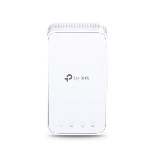 White TP-Link AC1200 Mesh Wi-Fi Extender with a sleek design, featuring LED indicator lights for connectivity, and a textured top for improved ventilation.