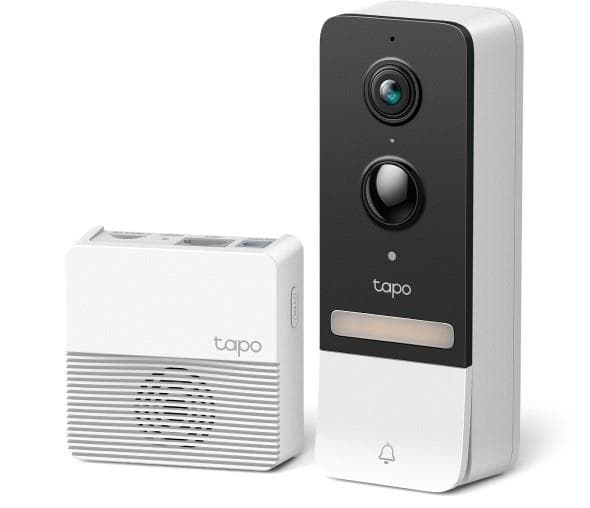 Smart battery video doorbell kit in sleek black and white design, featuring a 2K camera, two lenses, and a compact white chime with a speaker. IP64 rated for weather resistance.