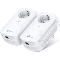 White TP-Link PowerLine adapters with Ethernet port, pass-through socket, and LED indicators on the front.