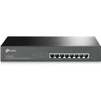 Black TP-Link TL-SG1008MP network switch with 8 Ethernet ports and LED indicators on the front panel.