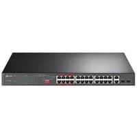 Black TP-Link 24-Port PoE switch with red accents, rack mountable, featuring multiple Ethernet ports and LED indicators.