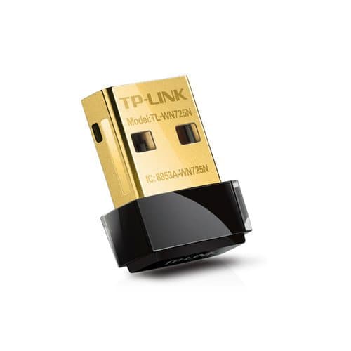TP-Link TL-WN725N USB WiFi adapter featuring a compact design, gold and black color scheme, and a USB 2.0 connector for wireless connectivity up to 150Mbps.