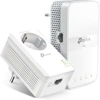 White TP-Link PowerLine adapter kit with Ethernet ports, plug sockets, and LED indicators.