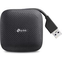 Black TP-Link USB 3.2 Gen 1 hub with four ports, compact square design, and attached USB Type-A cable.