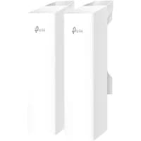 White TP-Link wireless bridge with dual antennas, sleek rectangular design, and TP-Link logo on the front.