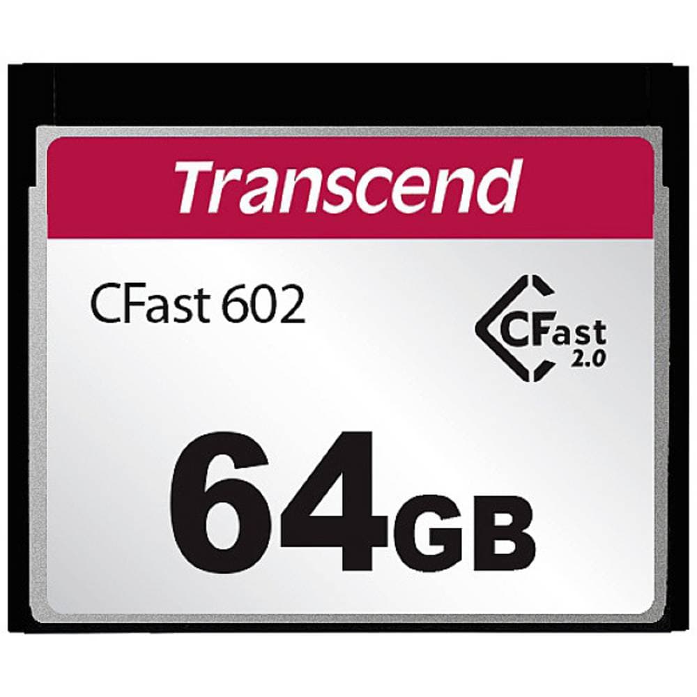 Transcend 64 GB CFast card featuring a silver and red design, labeled with "Transcend," "CFast 602," and "64GB," with a speed of 500 Mbps and MLC technology.